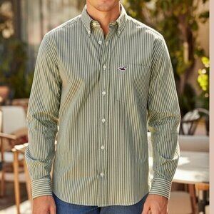 Hollister Green White Vertical Stripe Oxford Shirt L Cotton Coastal Preppy